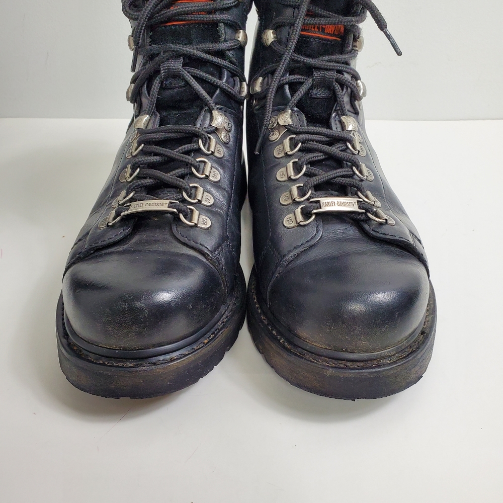 Harley Davidson Classic Black Leather Metal Logo Lace Up Motorcycle Boots - Picture 2 of 9